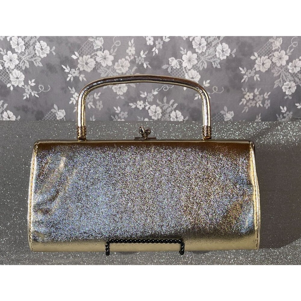 Vintage 60s Gold Metallic Evening Bag Purse Structured Frame Top Handle Formal
